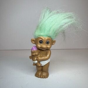Vintage 1992 TNT Baby Troll Doll Holding Baby Doll Mint Green‎ Hair 3"